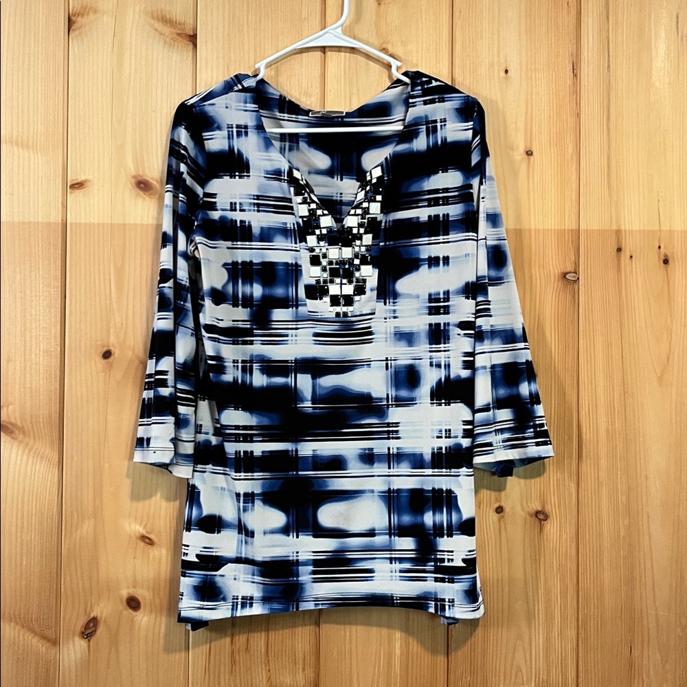 JM Collection Navy & White Abstract Print Top